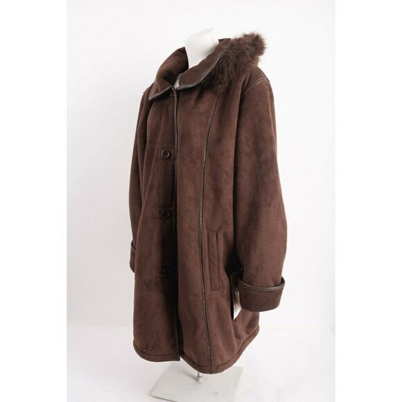 Excelled Collection Womans Brown Faux Suede Coat Size 2XL Faux Fur Trim Hood NWT - Picture 2 of 6